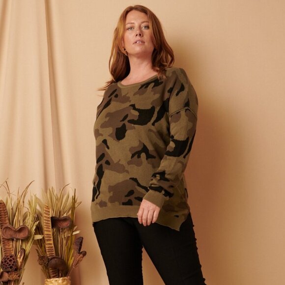 MITTOSHOP Camo Crewneck Sweater, Olive Green Brown, Cozy Knit Pullover - Picture 4 of 5